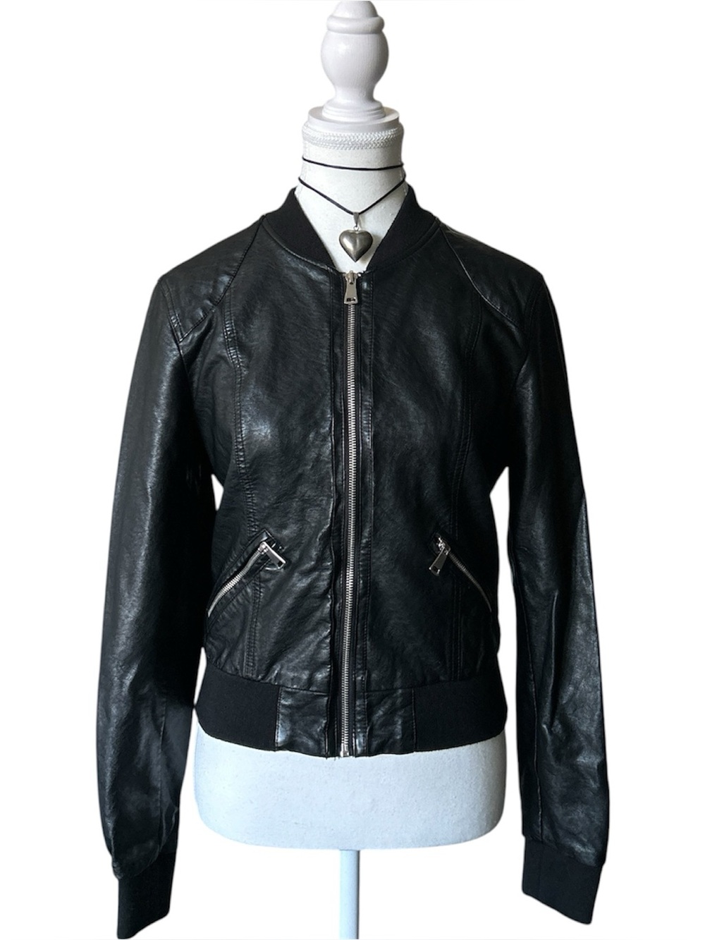 Y2K Grunge “Ci Sono” Black Faux Leather Biker Bomber Zip-up Jacket
